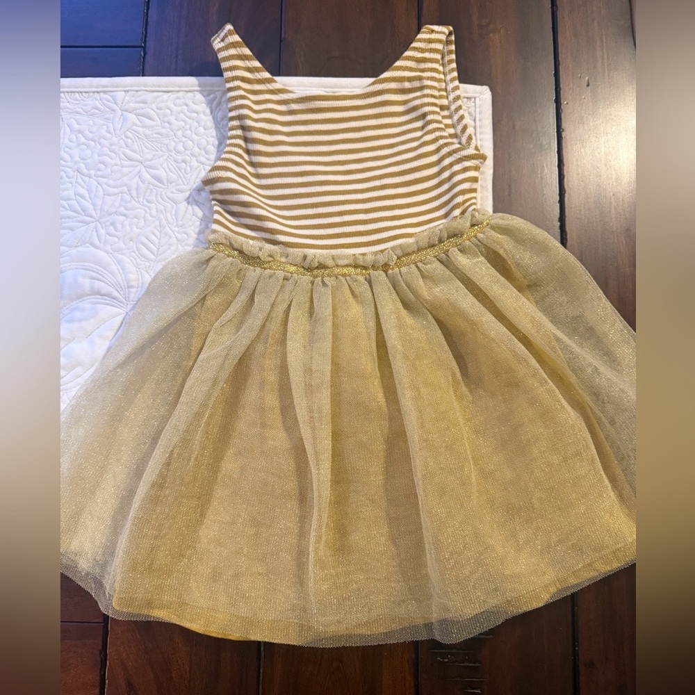Mini Boden Jersey Tulle Striped Dress in Gold